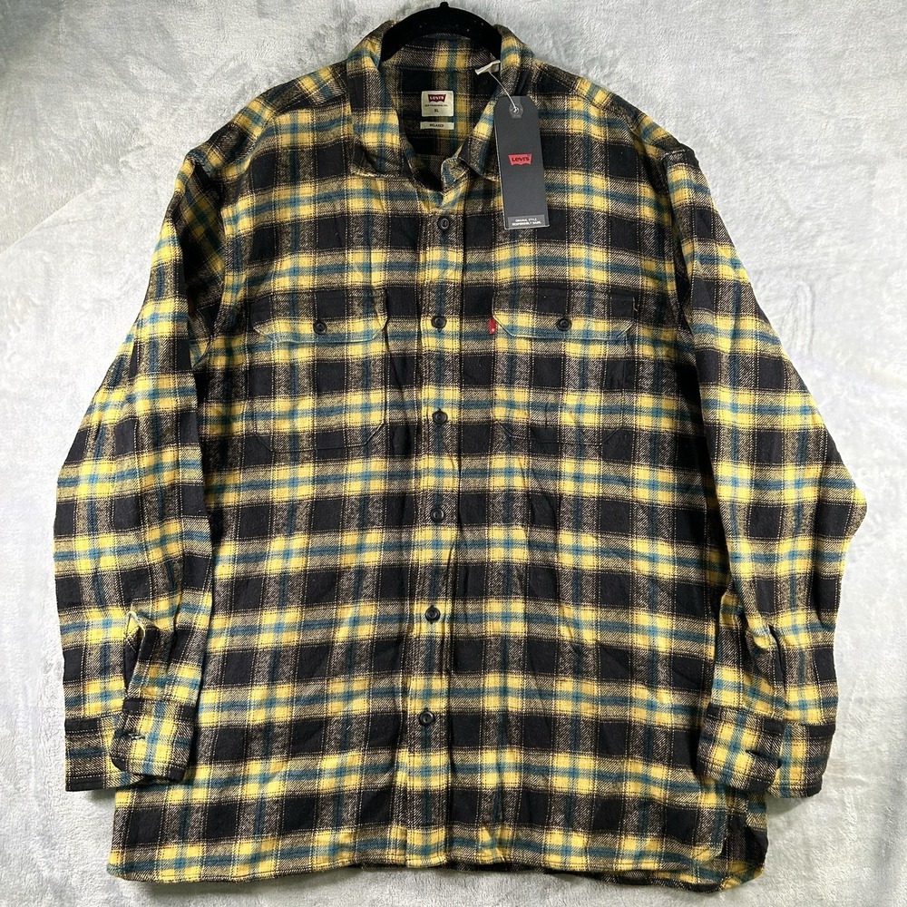 Levi's Mens X-Large Flannel Shirt The Worker Relaxed Fit Plaid Yellow Blue Black